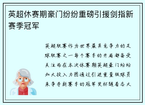 英超休赛期豪门纷纷重磅引援剑指新赛季冠军